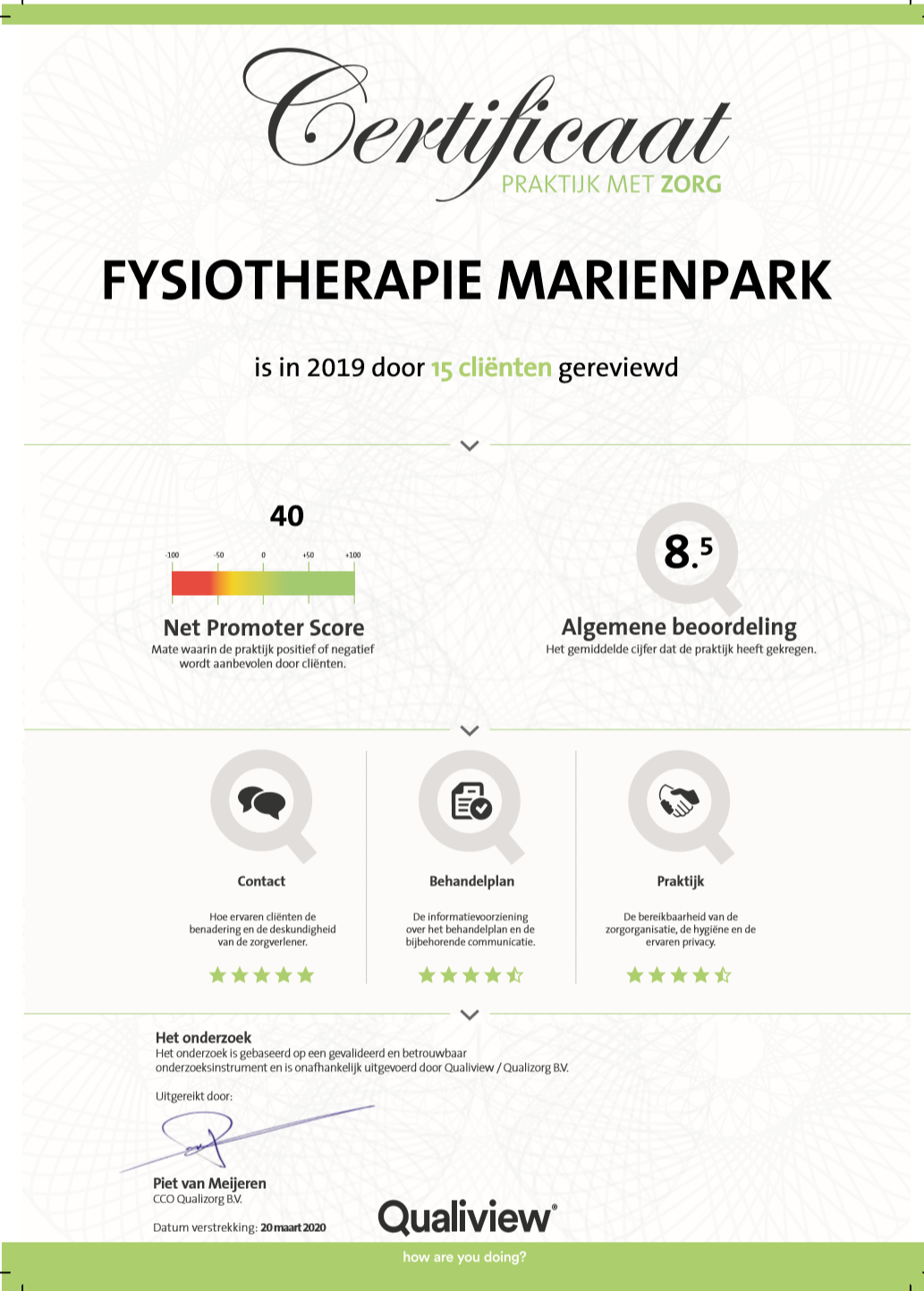 Certificaat Fysiotherapie Marienpark Leidschendam